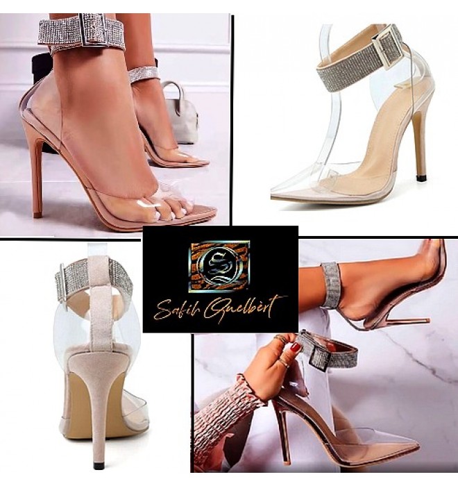 sapato scarpin luxo transparente com cristais strass